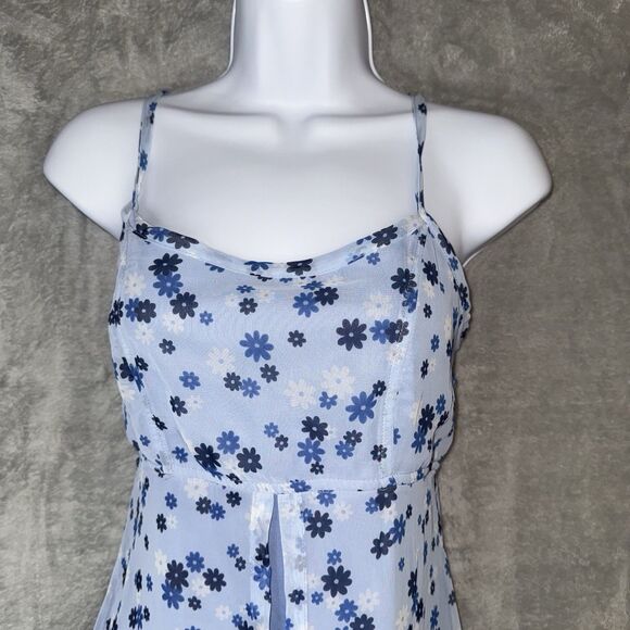 Vtg Y2K 575 Blue Floral Slip Dress Mesh Overlay Made in USA Sz 7 Fairy Coquette - Picture 3 of 10
